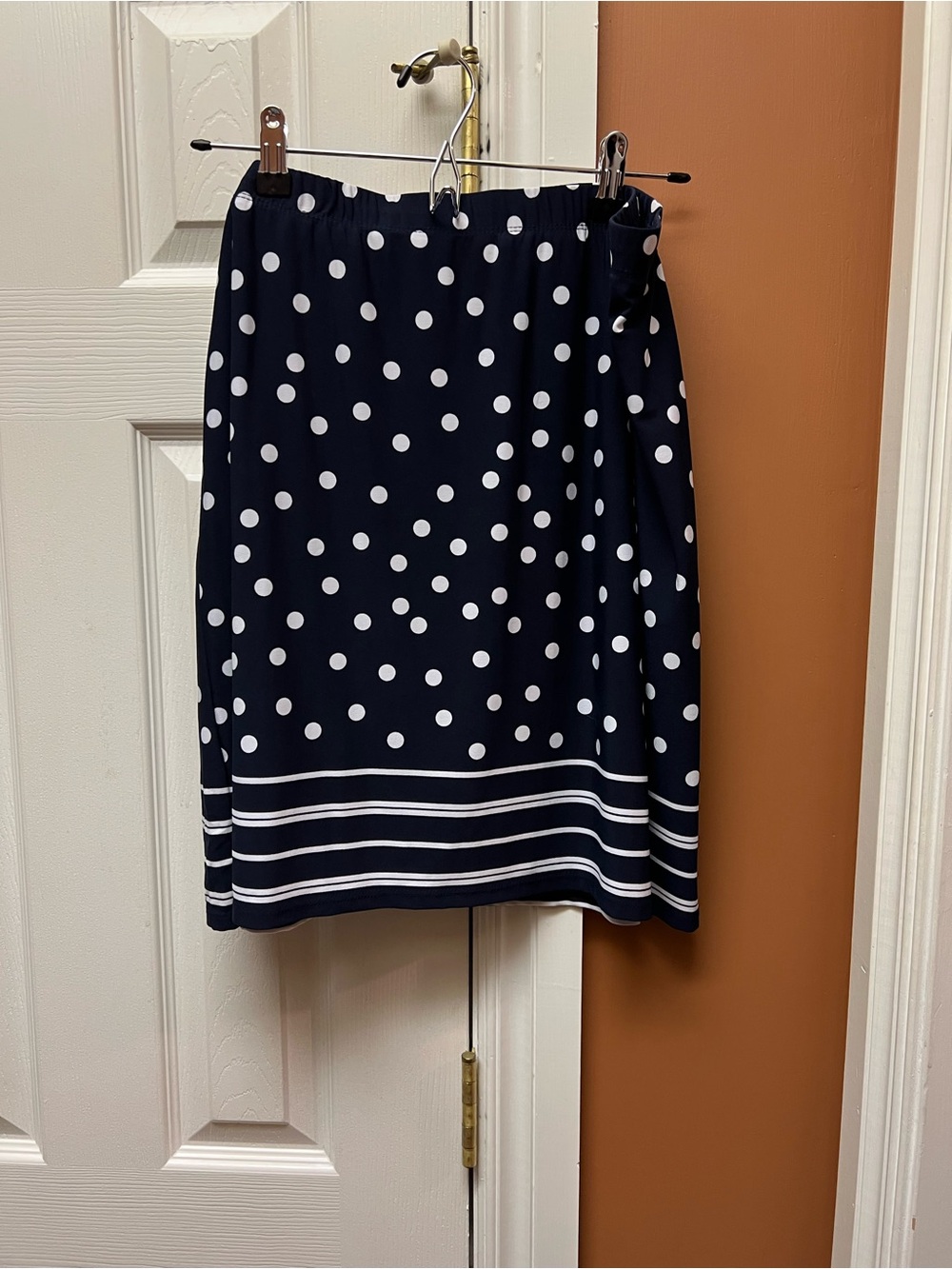 Susan Graver Navy and White Polka Dot Midi Skirt